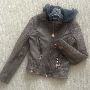 Doma brown leather jacket with removable gray hood, rose gold hardware details
